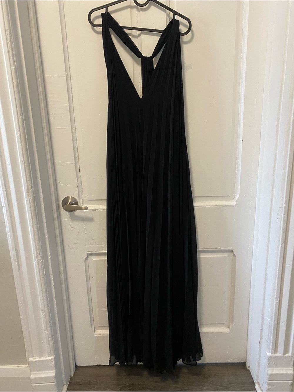 Black Pleated Maxi Dress with V-Neck